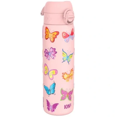 Abbildung von Ion8 Stahl Trinkflasche, 600 ml, Auslaufsicher, Einhandöffnung, Sichere Verriegelung, Spülmaschinenfest, Klappdeckel, Tragegriff, Leicht zu Reinigen, Langlebig, Schmetterling Design