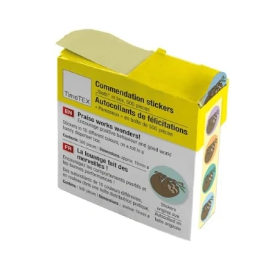 Abbildung von TimeTEX Belobigungs Aufkleber &quot;Faultier&quot; Lehrersticker für motivierendes Feedback 500 Sticker in praktischer Spender Box 1 Motiv mit verschiedenfarbigen Hintergründen 19 mm ø
