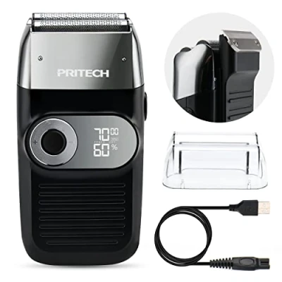 Abbildung von PRITECH 2 in 1 Elektrorasierer für Männer Folienrasierer &amp; Ausklapp Trimmer Bart und Glatze, 3 Geschwindigkeiten, Akkubetrieben, LED Display (Schwarz Silber)