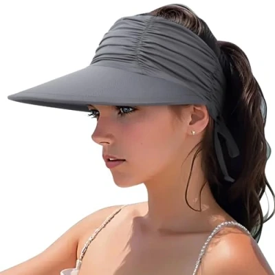 Abbildung von DRESHOW Damen Visor Sonnenhut Breite Krempe Hut Einstellbar Faltbarer Pferdeschwanz Strandhut Sommer UV Schutz Außen UPF 50+