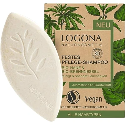 Abbildung von LOGONA Naturkosmetik Festes Haarshampoo für natürlich gesundes Haar, Shampoo Bar mit veganer Formel aus Bio Hanf und Brennnessel, Wie Haarseife, 1 x 60 g