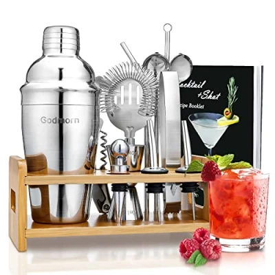 Abbildung von Cocktail Set, Godmorn Edelstahl Shaker 15 Teiliges Barkeeper Set mit bessere Bambus Ständer, Rezeptbuch, Messbecher und Bar Löffel, 550 ml Geschenk für Zuhause oder die