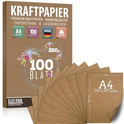 Abbildung von 100 Blatt Kraftpapier A4 Set 260 g 21 x 29,7 cm DIN Format Bastelpapier &amp; Naturkarton Pappe Blätter aus Kraftkarton zum Drucken, Kartonpapier Basteln für Vintage Hochzeit Geschenke Etiketten