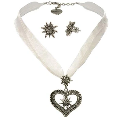 Abbildung von Alpenflüstern Trachtenschmuck Set Organza Trachtenkette Strassedelweissherz und Trachten Ohrstecker Strass Edelweiss Damen Schmuck, Trachtenset Kette Ohrringe weiß SET043