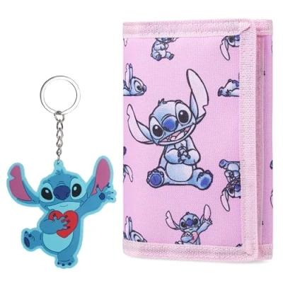 Abbildung von Disney Geldbörse Mädchen mit Schlüsselanhänger Kinder, Stitch &amp; Frozen Geldbeutel Kinder Set Geschenke (Rosa Stitch)