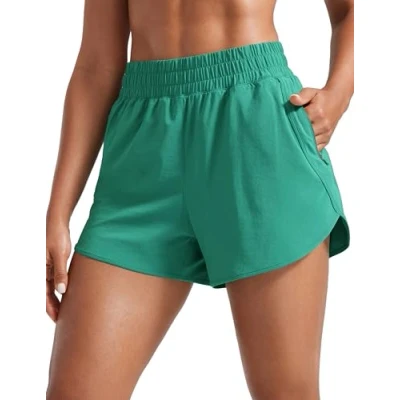 Abbildung von CRZ YOGA Damen Kurz Sporthose Laufhose High Waist Fitness Sport Shorts Kurze Hose mit Reißverschlusstasche Cascadia Grün 36
