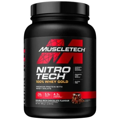 Abbildung von MuscleTech NitroTech 100% Whey Gold Protein Pulver, Isolate Proteinpulver &amp; Peptides, für Männer und Frauen, 5.5g BCAA, 28 Portionen, 908g, Double Rich Schokolade