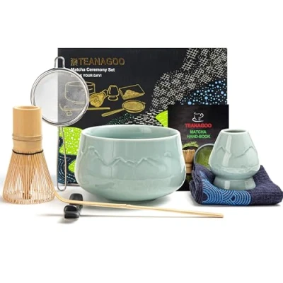 Abbildung von TEANAGOO Japanisches Matcha Set (7tlg.) Schneebesen Mtacha Kit Schale Bambus (Chasen) Schaufel (chashaku) Schneebesenhalter. N26, Celadon Blau, Grünteepulver