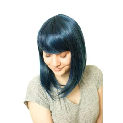Abbildung von Prettyland Damen Blau Schwarz Strähnen Mittellange Schulterlang Glatte Natürlich Matte wie Echthaar Bob Perücke Wig C180