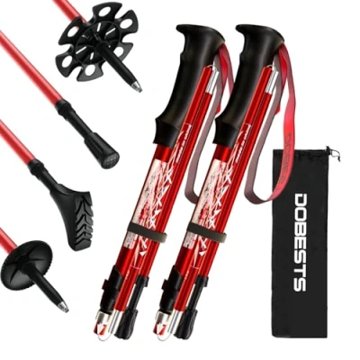 Abbildung von DOBESTS Wanderstöcke, Nordic Walking Stöcke Aluminium &amp; Carbon, mit extra Gummipuffer und Tragebeutel, Faltbare Leichte Trekkingstöcke für Damen Herren, Wanderstock Verstellbar 110cm 130cm, Rot