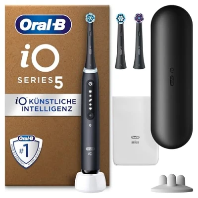 Abbildung von Oral B iO Series 5 PLUS Edition Elektrische Zahnbürste/Electric Toothbrush, 3 Aufsteckbürsten, Putzmodi für Zahnpflege, Reiseetui, Designed by Braun, matt black