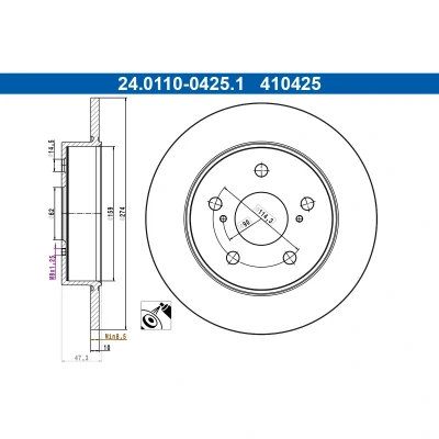Abbildung von ATE Bremsscheibe TOYOTA: Corolla XII Estate, Hatchback, SUZUKI: Swace 274,0mm 10,0mm 5 114,3mm voll beschichtet 24.0110 0425.1 T424310232