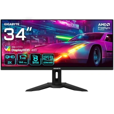 Abbildung von GIGABYTE M34WQ 34 WQHD Gaming Monitor 3440x1440 (WQHD), 144Hz, 1ms, 400 cd/m², FreeSync Premium, Display HDR400, HDMI 2.0, DisplayPort 1.4