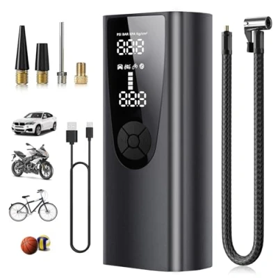 Abbildung von Tragbar Elektrische Luftpumpe Fahrradpumpe mit 6000mAh Akku Kompressor, 150PSI Luftkompressor LCD Digital Pressure Gauge &amp; LED Light for Auto, Motorrad, Ball, Luftmatratze