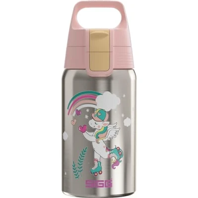 Abbildung von SIGG Edelstahl Trinkflasche Kinder Shield One Uni Skate Für Kohlensäurehaltige Getränke Geeignet Auslaufsicher Federleicht BPA frei Sport &amp; Schule Alu Hellpink mit Einhorn 0,5L