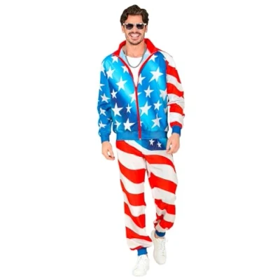 Abbildung von W WIDMANN MILANO Party Fashion Kostüm Trainingsanzug, USA, Stars and Stripes, 80er Jahre Outfit, Jogginganzug, Flagge Amerika, Faschingskostüm