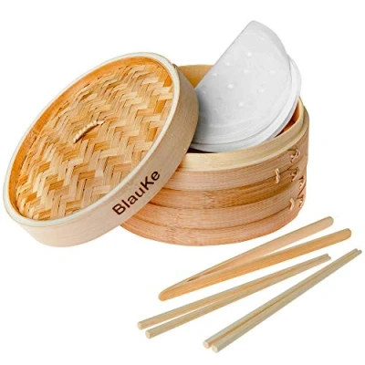 Abbildung von Bambusdämpfer (Bamboo Steamer) 25cm mit 2 Etagen Bambus Dampfkörbe Deckel Paar Essstäbchen, Zange, 50 Papier Einsätze Dampfgarer für Knödeln, Gemüse, Reis, Fleisch