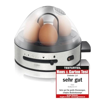 Abbildung von CASO E 7 Design Eierkocher, elektronischer Eierkocher für bis zu Eier, herausnehmbarer Eihalter, akustisches Signal, 13 Kochstufen, BPA Frei, inkl. Messbecher und Eipicker, 14 cm l x 18 b 20.5 h