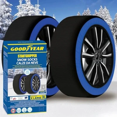 Abbildung von Goodyear Star Gripper Schneeketten zugelassen Italien EN 16662 1:2020 Zwei aus Stoff für Auto. Snow Sock Größe XL