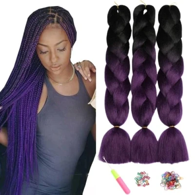 Abbildung von ShowJarlly Kanekalon Kunsthaar Haar, Haar Braids Extension, Ombre Jumbo Braid Haarverlängerung 24&quot;, Zöpfe Box Zum Einflechten Schwarz/Lila#