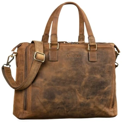 Abbildung von STILORD &#039;Claire&#039; Businesstasche Damen Leder 15 Zoll Laptoptasche DIN A4 Aktentasche Umhängetasche und Handtasche Büro, Farbe:mittel braun
