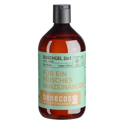 Abbildung von benecosBIO Nachfüllbeutel Duschgel 2in1 BIO Minze Haut &amp; Haar FÜR EIN FRISCHES MINZEINANDER vegan recyceltes Plastik