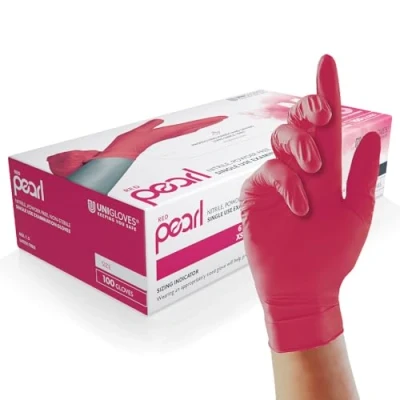 Abbildung von UNIGLOVES Red Pearl Nitril Untersuchungshandschuhe vielseitig einsetzbar, puderfreie und latexfreie Einweghandschuhe Box mit 100 Handschuhen, Rot, Klein (GP0062)