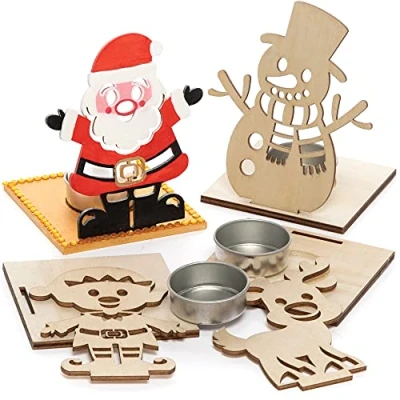 Abbildung von Baker Ross FC286 Weihnachtsbaum Teelichthalter Bastelset aus Holz 4er Pack, Holzteelichthalter für Kinder zum Basteln und Bemalen, Weihnachtsbastelsets