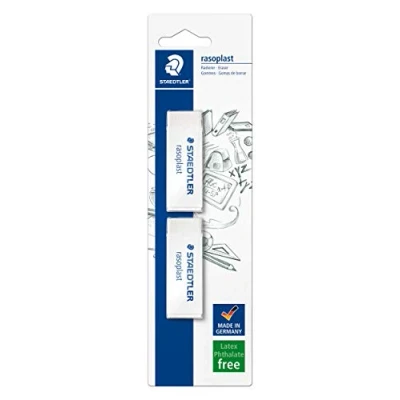 Abbildung von STAEDTLER 526 B2BK2D Radierer rasoplast phtalat und latexfrei, 65 x 13 23 mm, 2 Stück auf Blisterkarte, weiß
