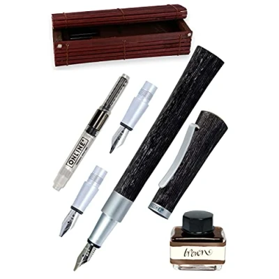 Abbildung von ONLINE Kalligraphie Füllhalter Newood, Schönschreib Füller, natürliches Wawa Holz in schwarz, 3 Strichstärken 0,8 1,4 und 1,8 mm, enthält ein Tintenglas mit brauner Tinte (15ml), Geschenkbox