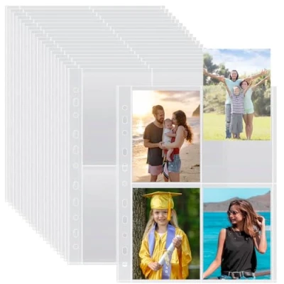 Abbildung von 50er Pack A4 Fotohüllen mit 400 Fächern für 2/3/4 Ringordner, Transparente Postkartenhüllen 4 Fächern, Klarsichthüllen a4, Top Loading Nachfüllseiten Fotoalben (109x153 mm).