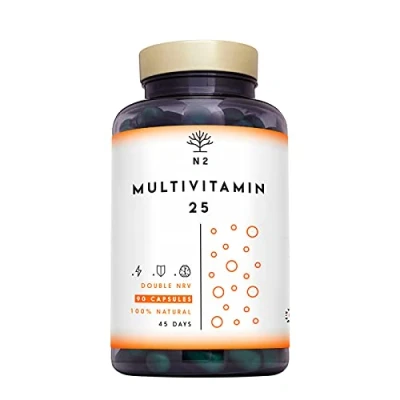 Abbildung von Multivitamin Kapseln. 25 Vitamine (C B1 B D E) und Mineralien (Zink Magnesium Kalzium). HOCHDOSIERT 200% von Empfohlenen Tageswert. Vitamin a z, Vitality, Premium.90 kapseln N2 Natural Nutrition