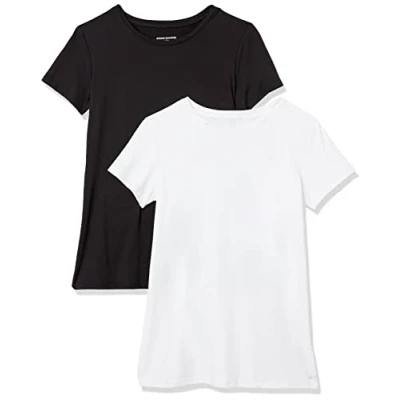 Abbildung von Amazon Essentials Damen Kurzärmliges Tech Stretch T Shirt mit Rundhalsausschnitt (in Übergröße erhältlich), 2er Pack, Schwarz/Weiß, L