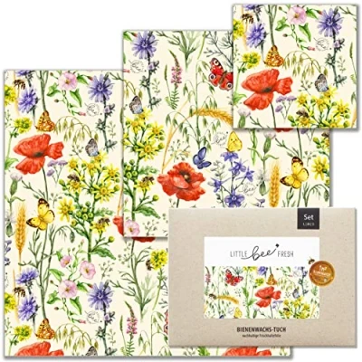 Abbildung von little bee fresh Bio Bienenwachstücher Starter Set aus Deutschland Wachspapier für Lebensmittel natürlich &amp; plastikfrei frisch Handgemachtes Wachstuch Rohstoffen S/M/L (Bienentraum)