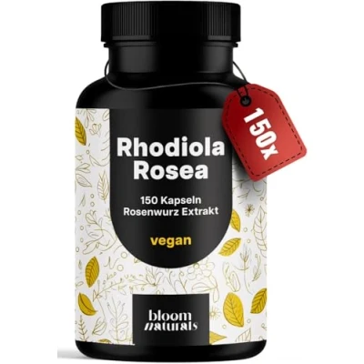 Abbildung von Rhodiola Rosea Kapseln Hochdosiert 150 500 mg aus 10:1 Extrakt pro Kapsel Rosenwurz Rhadiola Vegan und produziert in Deutschland Laborgeprüft