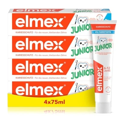 Abbildung von elmex Zahnpasta Junior 6 12 Jahre 4x75ml medizinische Zahnreinigung mit 1400 ppm Fluoridgehalt für hochwirksamen Kariesschutz stärkt die neuen, bleibenden Zähne