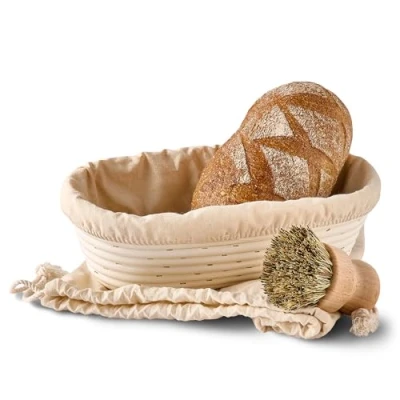 Abbildung von Gärkorb Oval 28cm Set mit Bürste, Leinentuch &amp; Brotbeutel Brotkorb aus nachhaltigem Rattan Zum Brotbacken Brot Backen Zubehör