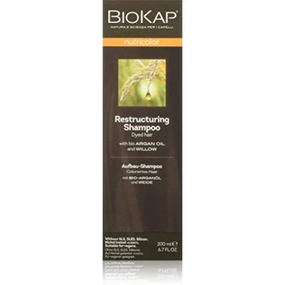 Abbildung von BIOKAP Aufbau Shampoo für coloriertes Haar 200ml mit Bio Arganöl Weidenrinde Essenzöle von Eukalyptus Rosmarin Extrakt VEGAN ohne Silikone Parabene tierversuchsfrei