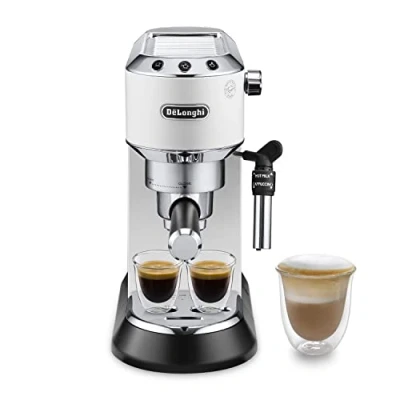 Abbildung von De&#039;Longhi Dedica Style EC 685.W Espresso Siebträgermaschine, Espressomaschine mit Professioneller Milchschaumdüse, nur 15 cm breit, 1 Liter Wassertank, Vollmetallgehäuse, für E.S.E Pads geeignet, Weiß