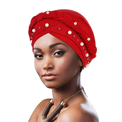 Abbildung von DRESHOW 1 Stück Afrikanischer Damen Turban Geflecht Kopfbedeckung Kopftücher Chemo Kappe Vorgebunden Beanie Mütze Kopfwickel Schlafmütze