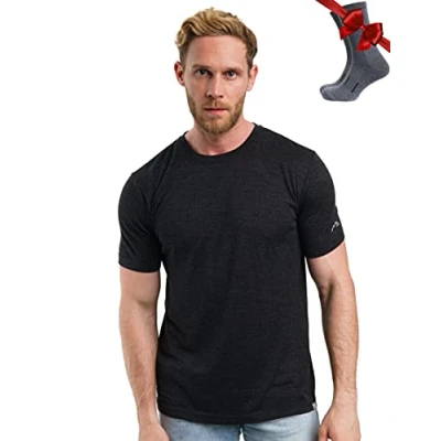Abbildung von Merino.tech Merinowolle T Shirt Herren 100% Bio Unterhemd Leichte Basisschicht + Wanderwollsocken (Charcoal Grey, Medium)