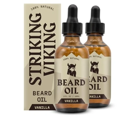 Abbildung von Striking Viking Bartöl für Herren 60 ml, 2er Pack, Vanilleduft Natürlicher Vanille Conditioner mit Mandel , Teebaum Argan &amp; Jojobaöl Bartwachstum, Geschmeidigkeit Pflege