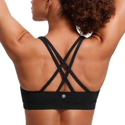 Abbildung von CRZ Yoga Damen Ohne Bügel Sport BH Gekreuzt Rücken Spaghetti Top Abnehmbare Pads Croptop Schwarz Logo S