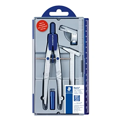 Abbildung von STAEDTLER Noris Club 550 02 Zirkel Schulzirkel mit Schnellverstellung, Set Verlängerungsstange und Universaladapter, Spindelführung, exakt präzise, stabiles Etui Klappdeckel