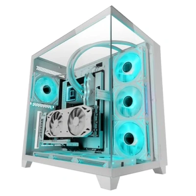 Abbildung von MARSGAMING MC 3C, Gaming ATX Gehäuse, 3D Panoramablick mit Dreifach gehärtetem Glas, Seitliches Doppelkammer Design, Vollständige Unterstützung Wasserkühlung, Mid Tower PC Kabelmanagement, Weiß