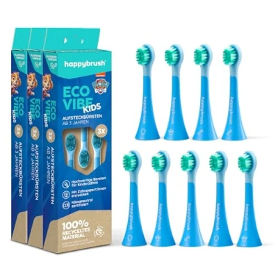 Abbildung von happybrush Aufsteckbürsten 9 Stück (3x3) für elektrische Schallzahnbürste ECO VIBE KIDS Wechselköpfe mit Icons zur Unterscheidung Original Ersatzbürsten abgerundeten Borsten(PawPatrol)