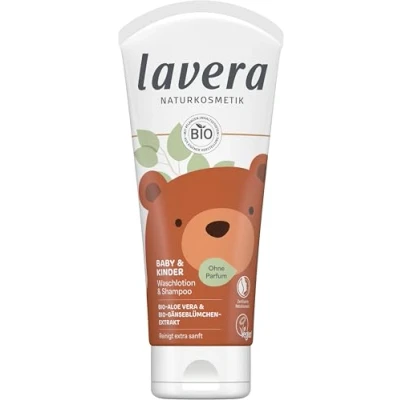 Abbildung von lavera Baby &amp; Kinder Waschlotion und Shampoo hautschonend sanfte Reinigung ohne Duft Konservierungsstoffe vegan Naturkosmetik 200 ml