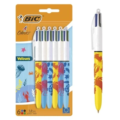 Abbildung von BIC 4 Farben Kugelschreiber Set Colours Velours, in Meeresmotiven, 6er Pack, Ideal für das Büro, Home Office oder die Schule