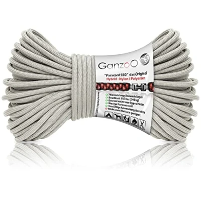Abbildung von Ganzoo Paracord 550 Seil / 4mm Nylon/Polyester/Typ Hybrid/Armband Hunde Leine/Hunde Halsband 250Kg. Bruchlast/Outdoor Rope/Camping Schnur/Allzweckseil 30 Meter/Grau