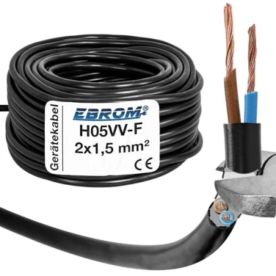 Abbildung von EBROM Kunststoff Schlauchleitung RUND, Kabel, Stromkabel, Leitung, Gerätekabel H05VV F 2x1,5 mm² Farbe: schwarz Viele Längen in 5 Meter Schritten bis 200 mm2, Ihre Kabellänge: